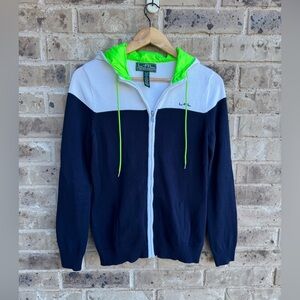 Ralph Lauren Active Navy and White Zip-Up Sweater with Neon Green Hood Sz XL
